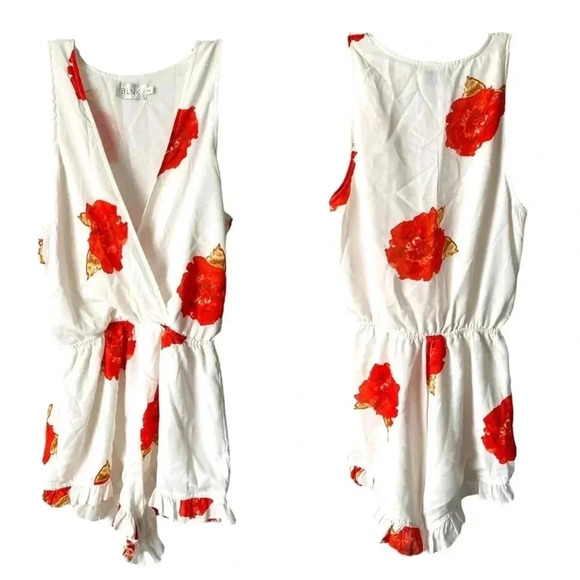BLNK | White Red Rose Print Plugging Neck  Frilled Hem Sleeveless Romper Size S - Picture 4 of 9